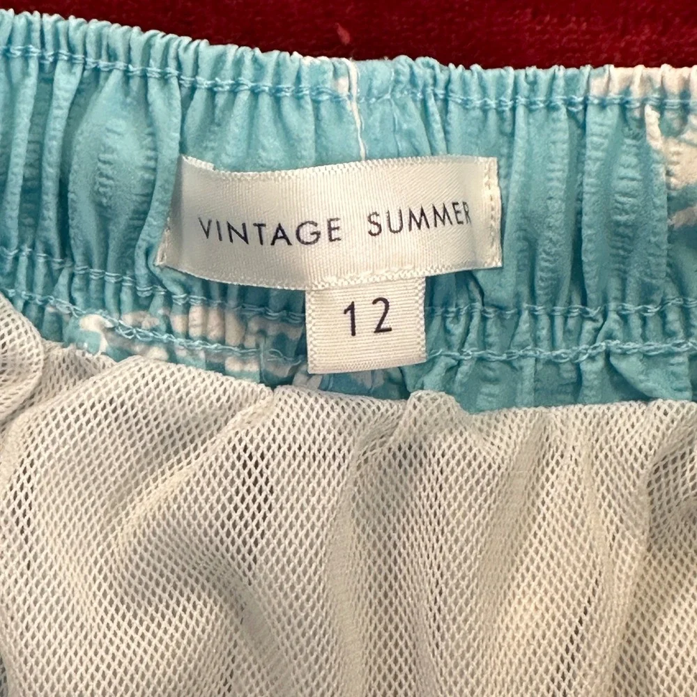 Vintage Summer Boys Blue Seersucker Palm‎ Tree Swim Trunks Size 12 V84509